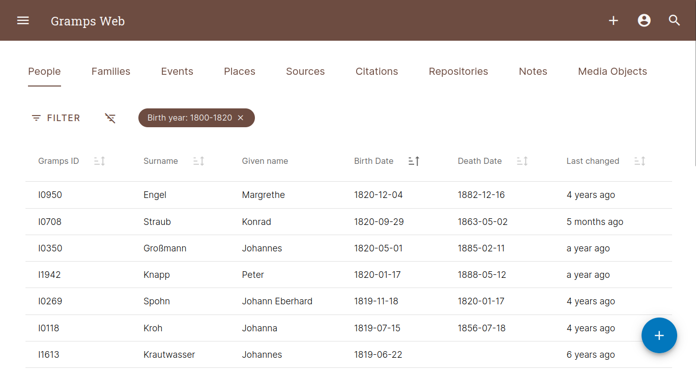 Gramps Web List Screenshot