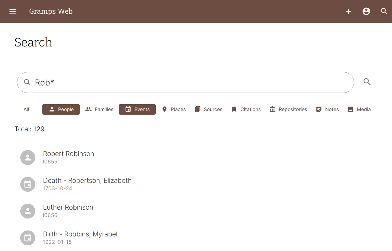 Gramps Web Search Screenshot